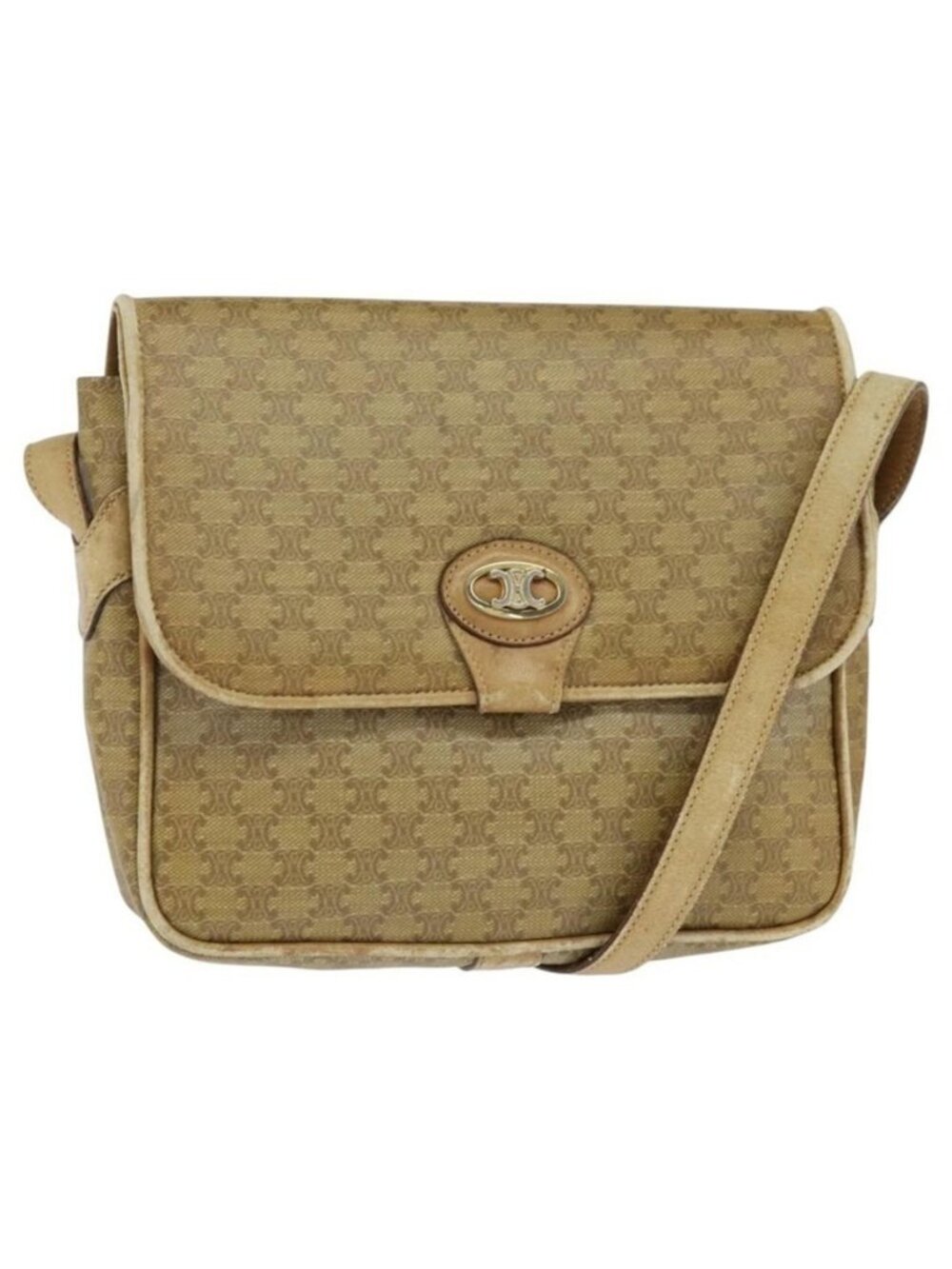Authentic CELINE Macadam Canvas Shoulder Bag Beige Gold